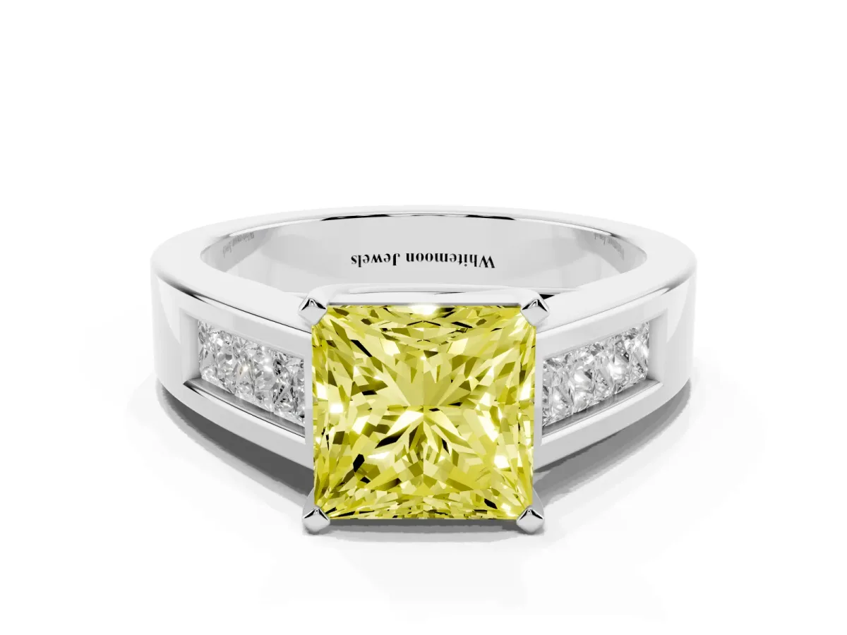 Fancy Yellow Princess Cut Cut Channel Set Solitaire Ring with Four-Prong Setting Platinum