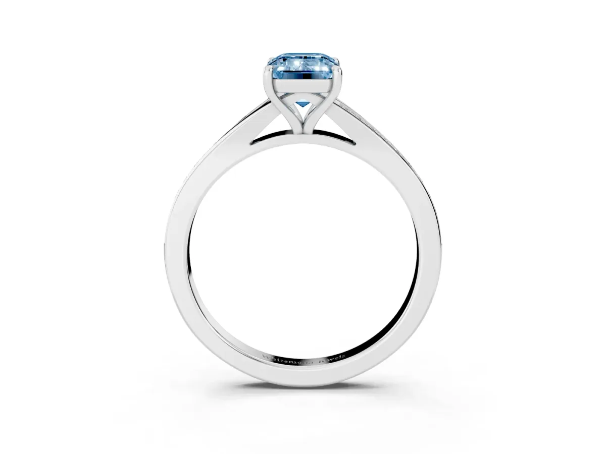 Fancy Blue Emerald Cut Diamond Solitaire Ring with Pavé Band and Prong Setting Platinum