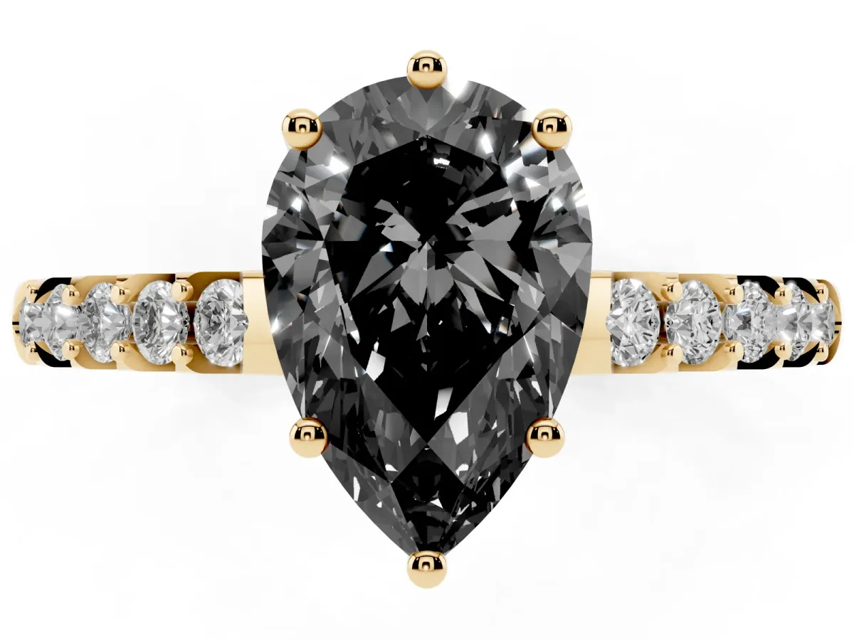 Fancy Black Pear Cut Solitaire Diamond Engagement Ring with Pavé Band and Six-Prong Setting Yellow gold