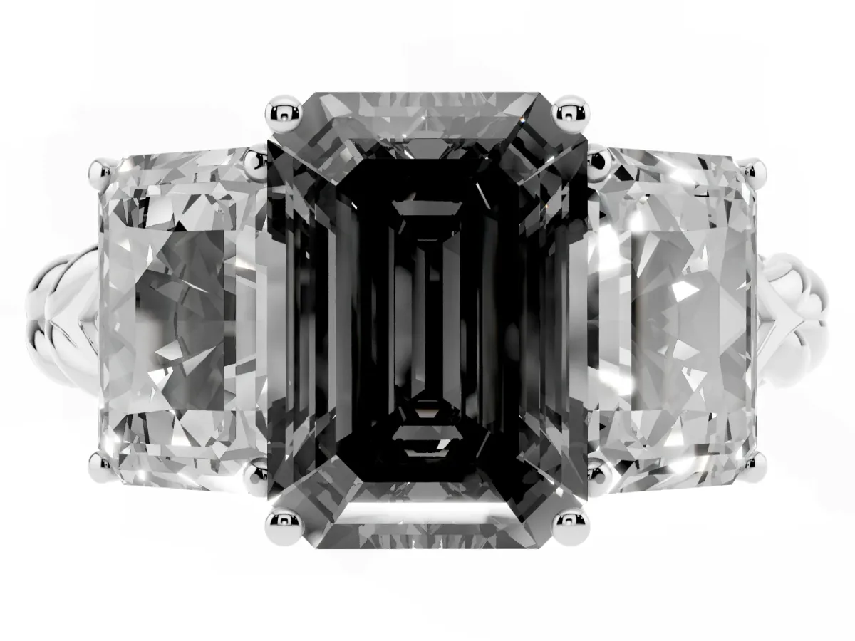 Fancy Black Three-Stone Emerald Cut Diamond Braided Band Ring with Four-Prong Setting Platinum