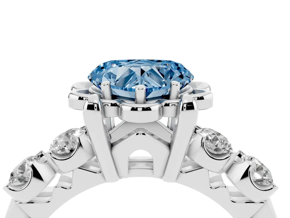 Fancy Blue Heart Cut Cut Diamond Floral Halo Engagement Ring with Shared Prong Setting Silver