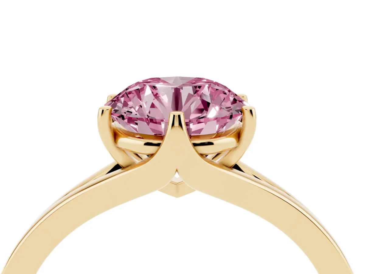 Fancy Pink Round Cut Solitaire Diamond Ring with Six-Prong Setting and Tapered Band Yellow gold