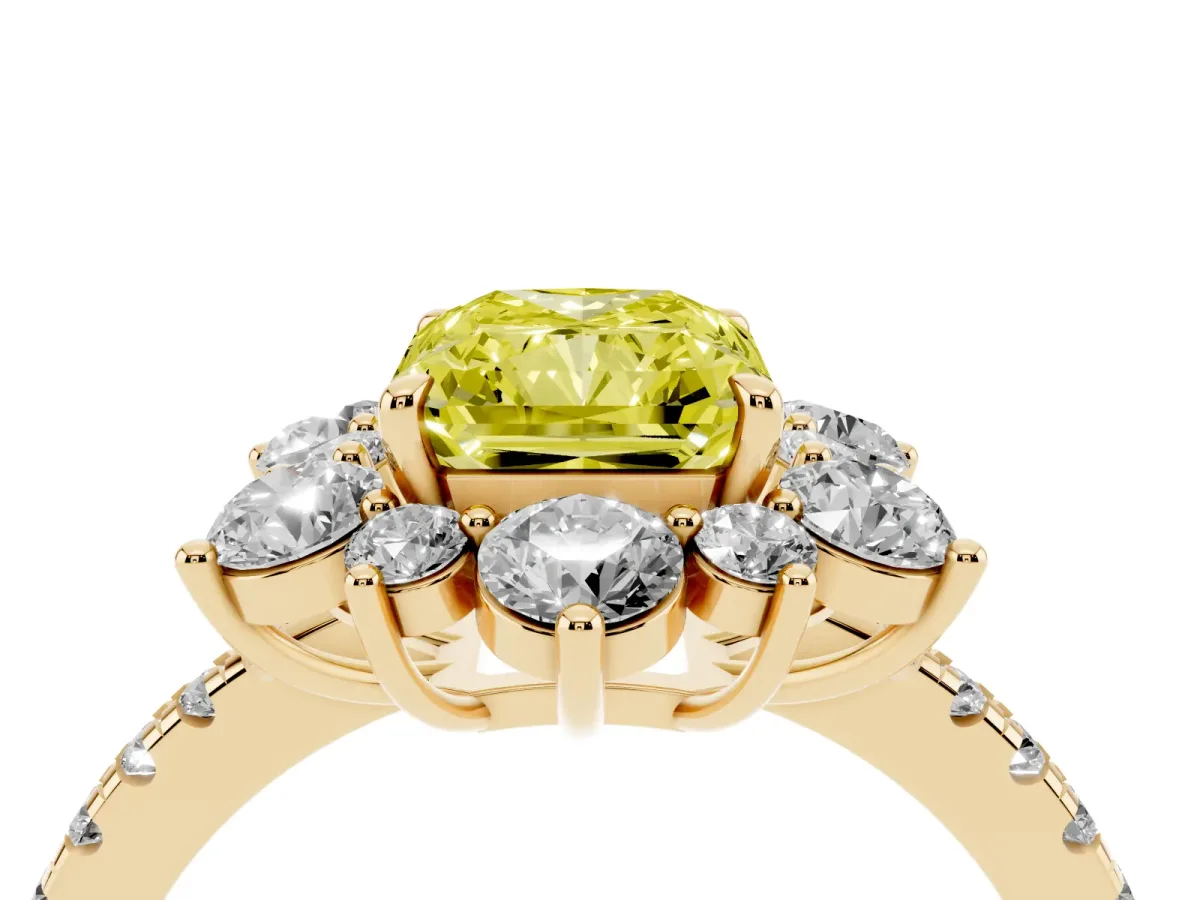 Fancy Yellow Radiant Cut Diamond Floral Halo Ring with Round Pavé Band and Prong Setting Yellow gold