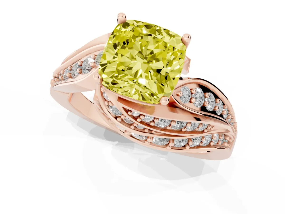 Fancy Yellow Cushion Cut Diamond Solitaire Ring with Prong Setting and Twisted Pavé Band Rose gold