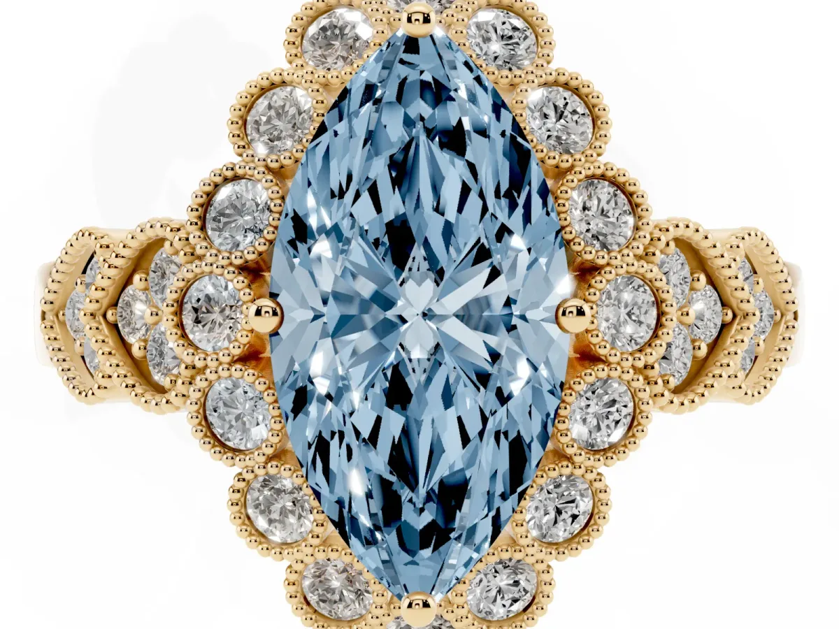 Fancy Blue Marquise Cut Brilliant Milgrain Pave Heart Band Solitaire Ring Yellow gold