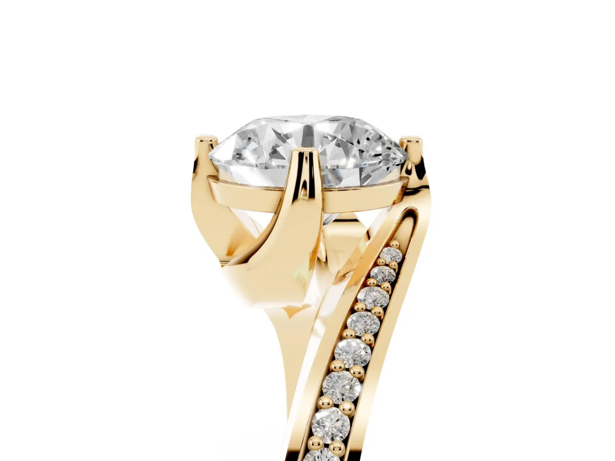 Round Cut Solitaire Diamond Twist Band with Pavé Setting and Four-Prong Setting Yellow gold