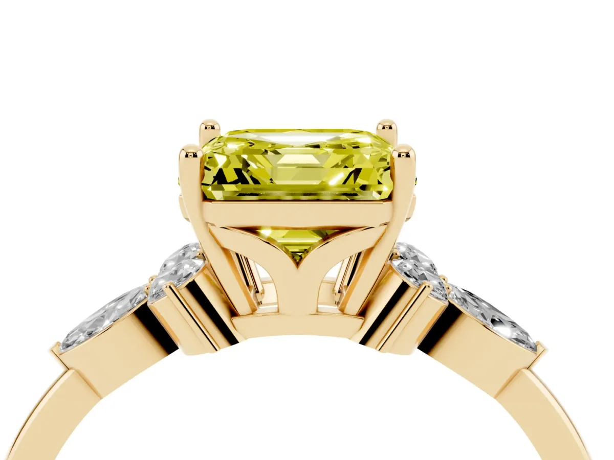 Fancy Yellow Asscher Cut Brilliant Diamond Solitaire Ring with Pear Side Stones and Four-Prong Setting Yellow gold