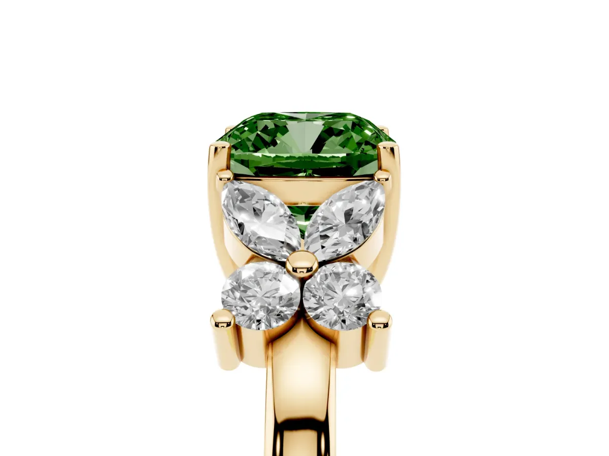 Fancy Green Cushion Cut Diamond Floral Cluster Ring with Solitaire Band and Prong Setting Yellow gold
