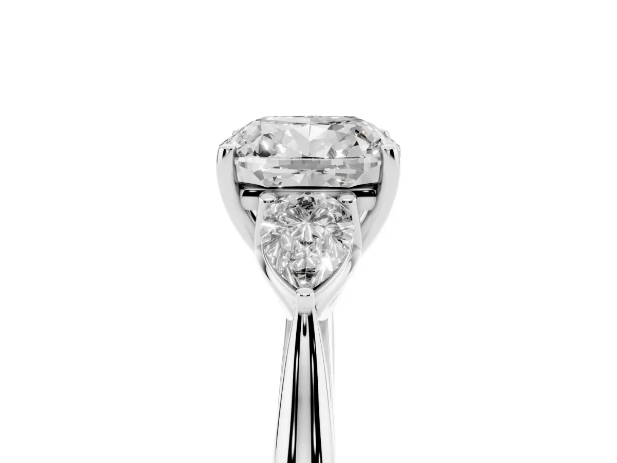 Three-Stone Cushion Cut Brilliant Diamond Solitaire Ring with Tapered Band and Four-Prong Setting Silver