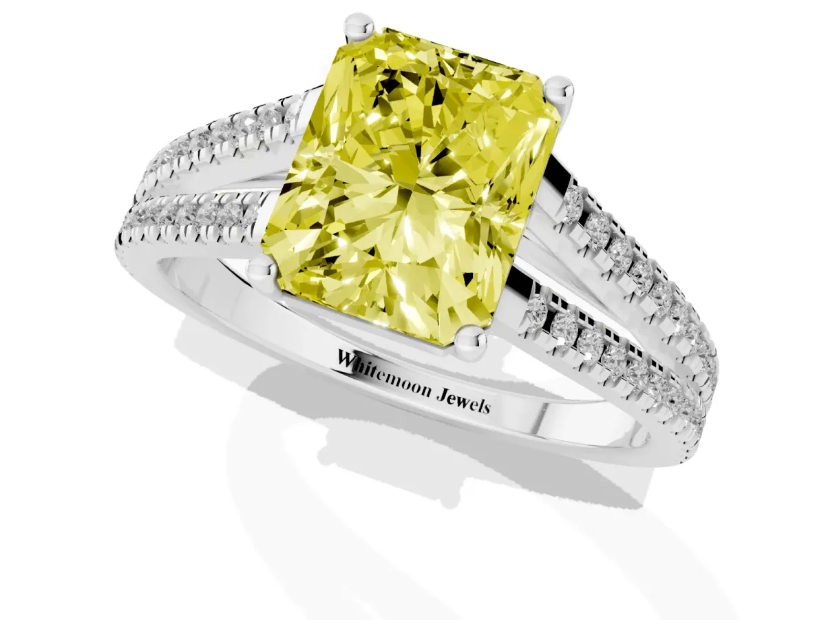 Fancy Yellow Radiant Cut Diamond Solitaire Engagement Ring with Split Shank Pavé Band Silver