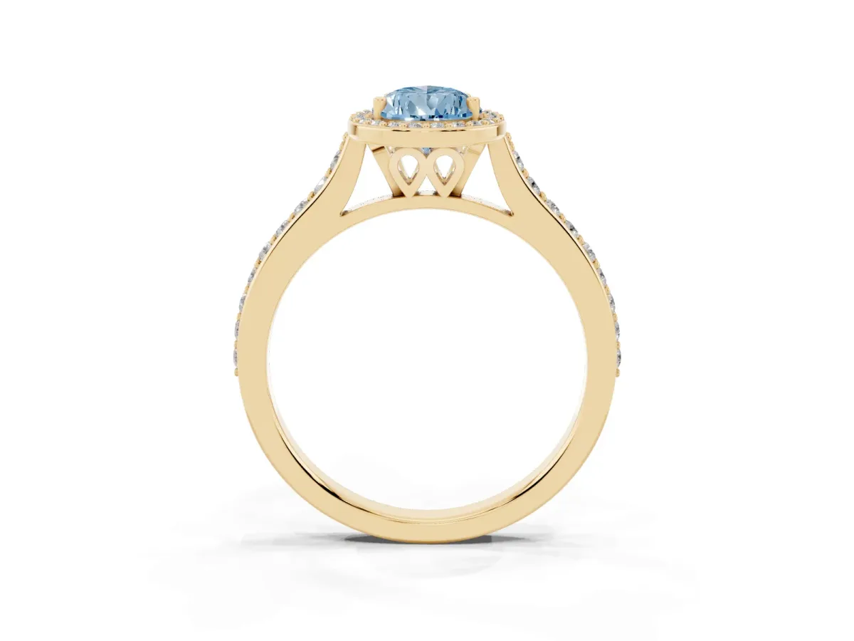 Fancy Blue Pear Cut Diamond Halo Engagement Ring with Round Pavé Shoulders and Prong Setting Yellow gold
