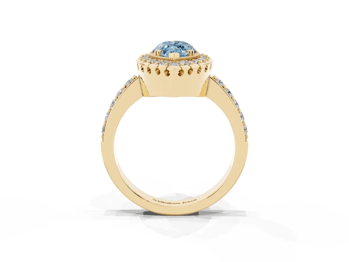 Fancy Blue Marquise Cut Diamond Halo Ring with Pavé Band and Prong Setting Yellow gold