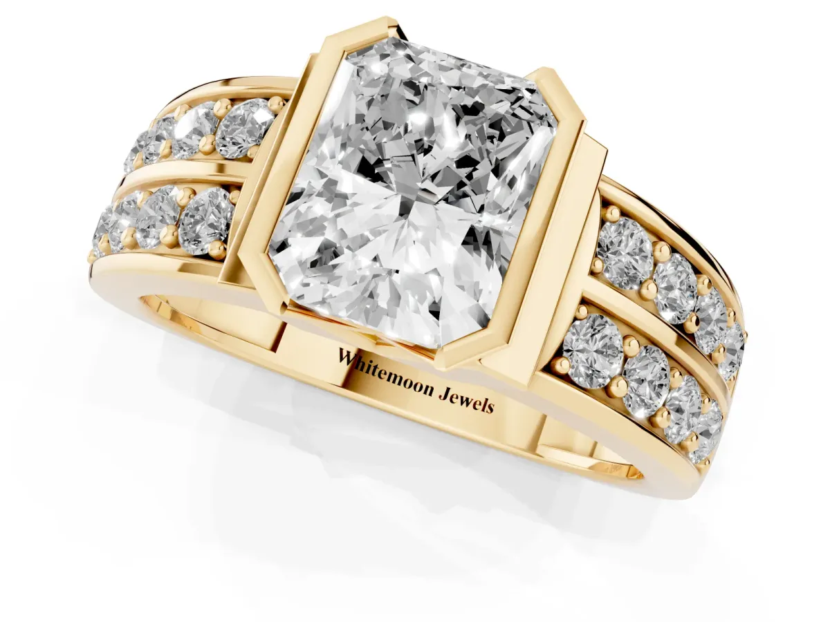 Radiant Cut Brilliant Diamond Channel Set Wide Band Ring with Bezel Setting Yellow gold