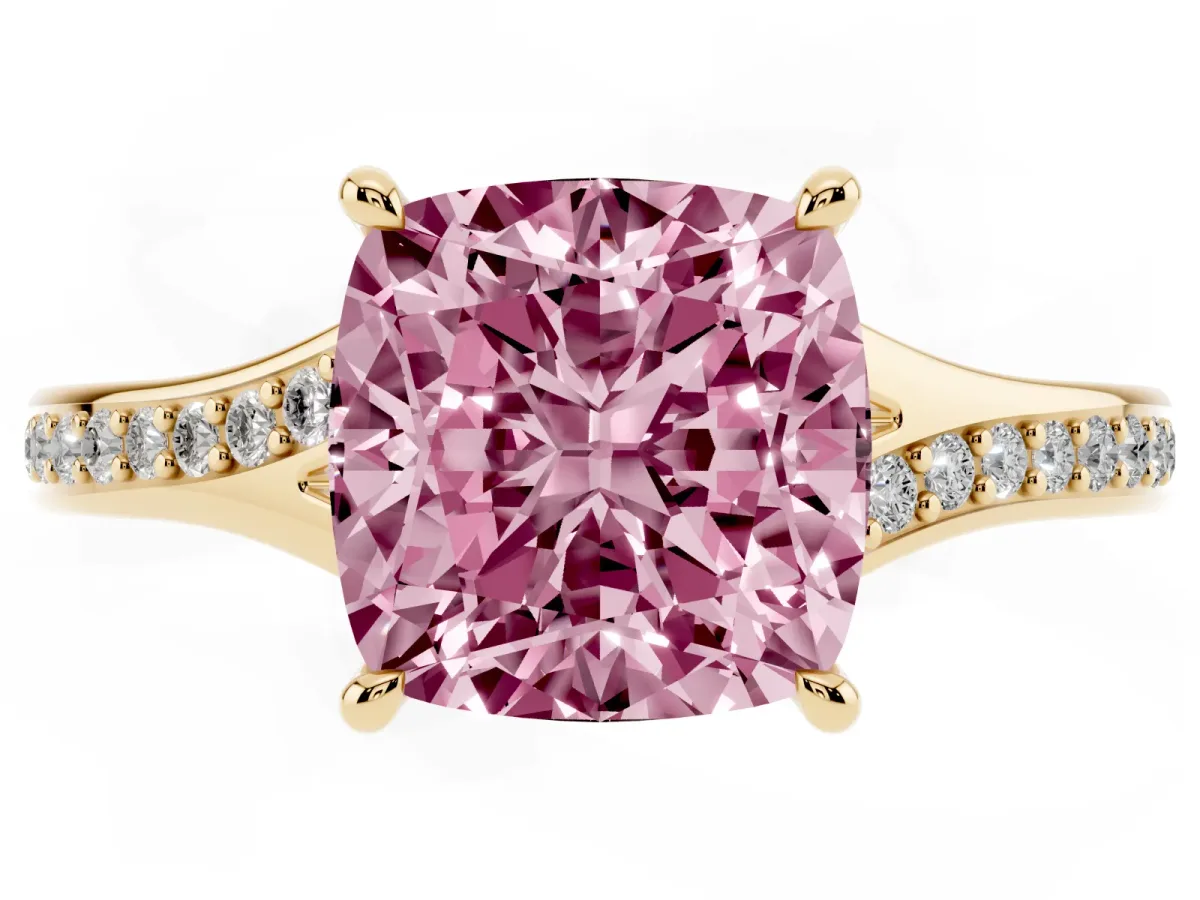 Fancy Pink Cushion Cut Diamond Solitaire Ring with Pavé Band and Prong Setting Yellow gold