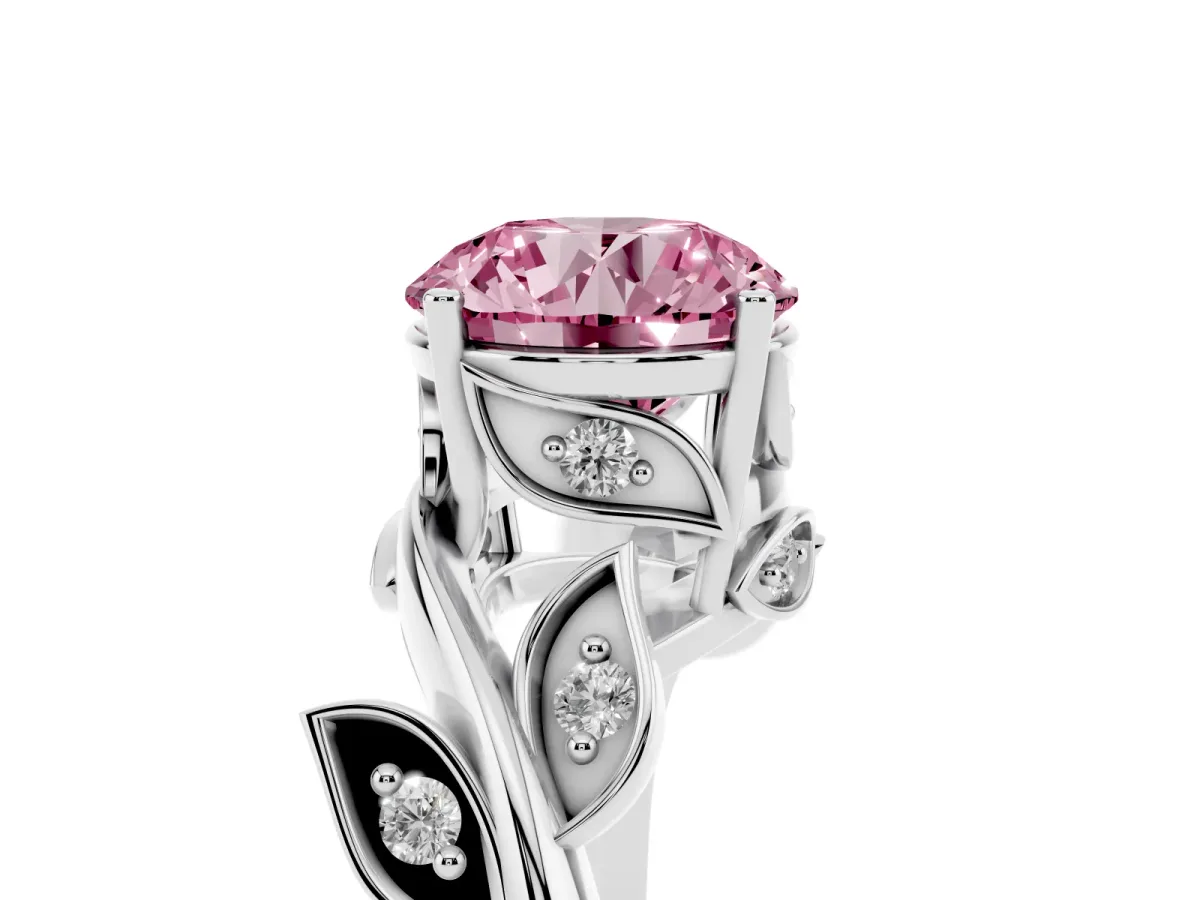 Fancy Pink Round Cut Solitaire Twist Engagement Ring with Leaf Accents and Prong Setting Silver