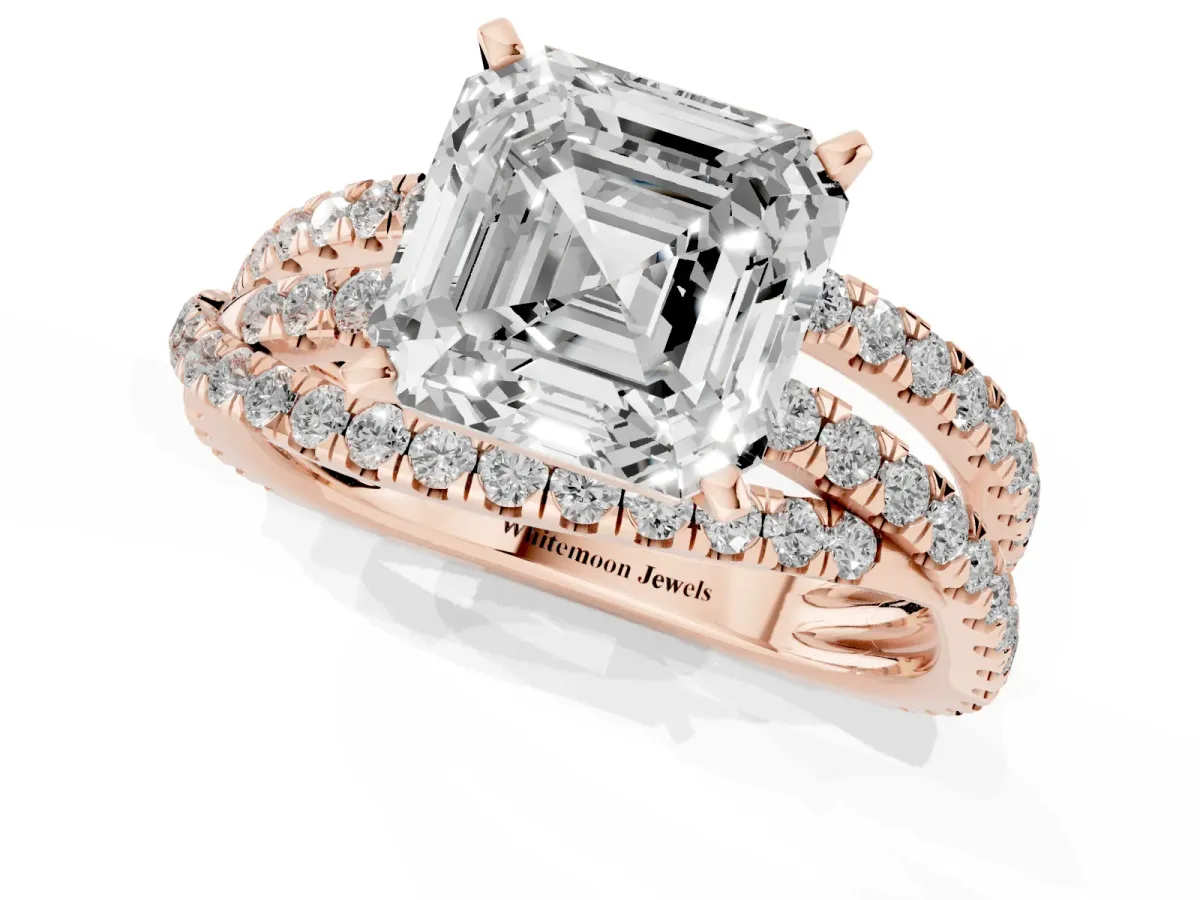 Asscher Cut Solitaire Twist Band with Pavé Setting and Four-Prong Setting Rose gold