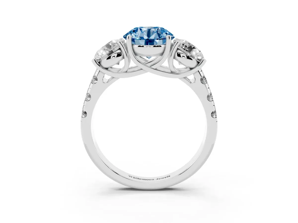 Fancy Blue Three-Stone Round Cut Diamond Pavé Band with Prong Setting Platinum