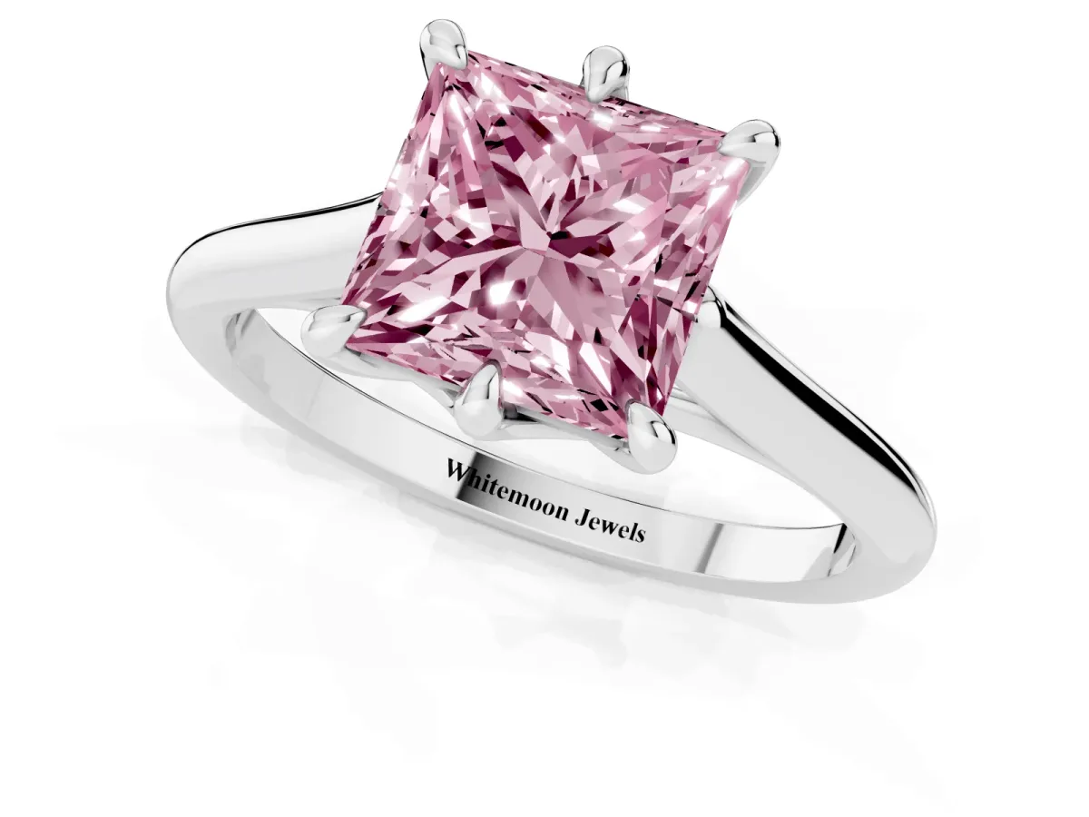 Fancy Pink Princess Cut Solitaire Engagement Ring with Six-Prong Setting and Classic Band Platinum