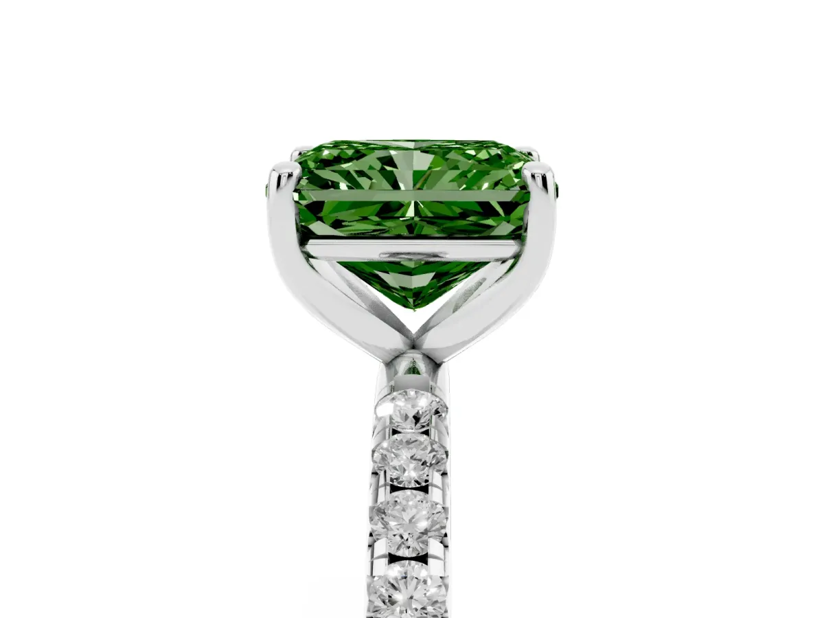 Fancy Green Radiant Cut Cut Diamond Solitaire Ring with Micro Pave Band and Four Prong Setting Platinum