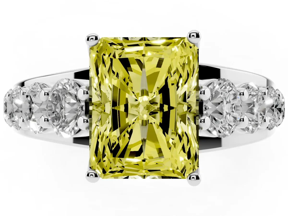 Fancy Yellow Radiant Cut Diamond Engagement Ring with Pavé Band and Four-Prong Setting Silver