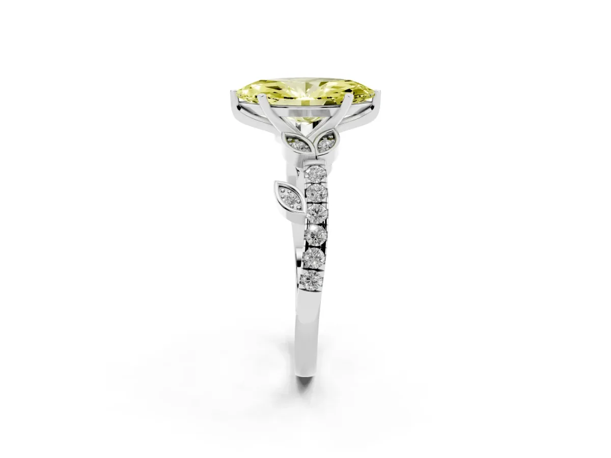 Fancy Yellow Marquise Cut Solitaire Leaf-Inspired Diamond Ring with Pavé Band and Four-Prong Setting Silver