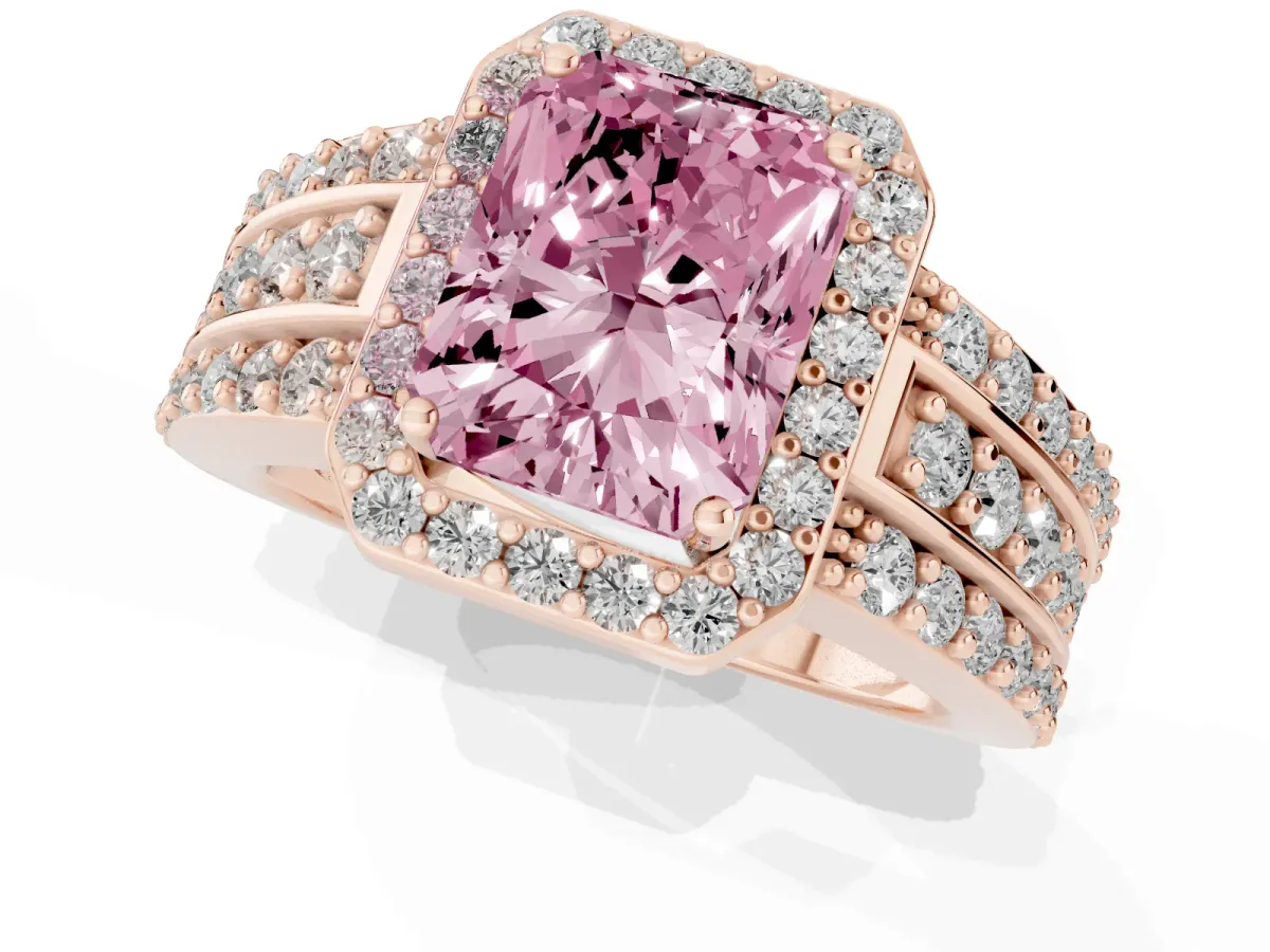 Fancy Pink Radiant Cut Halo Diamond Ring with Round Split Shank and Prong Setting Rose gold