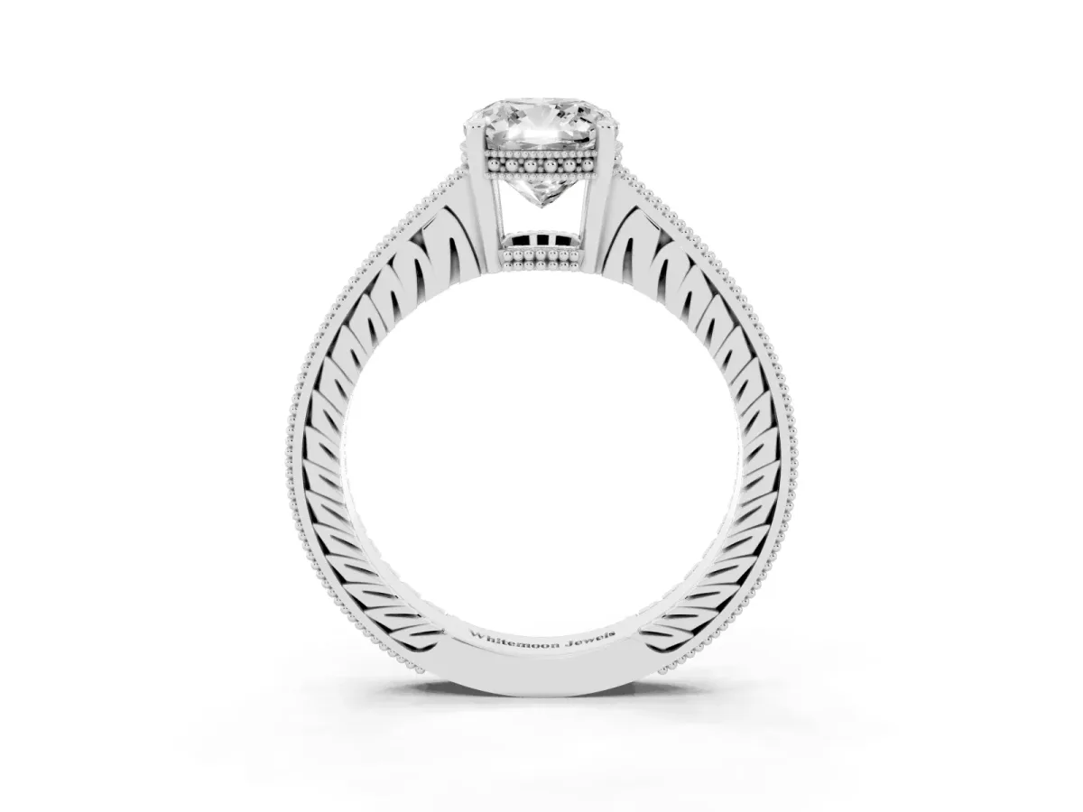 Cushion Cut Solitaire Pavé Diamond Milgrain Engagement Ring with Four-Prong Setting Silver
