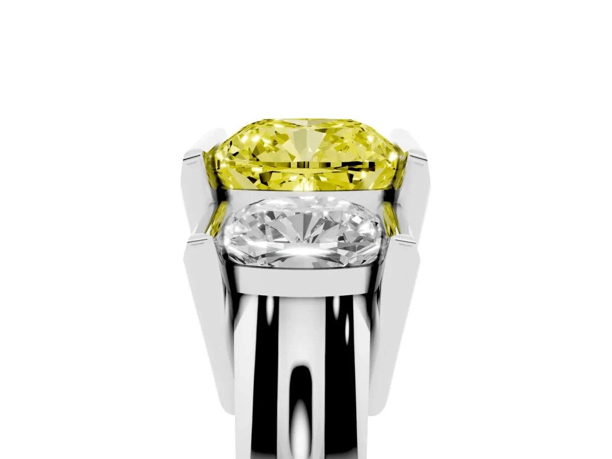 Fancy Yellow Three Stone Cushion Cut Cut Channel Set Diamond Ring Silver