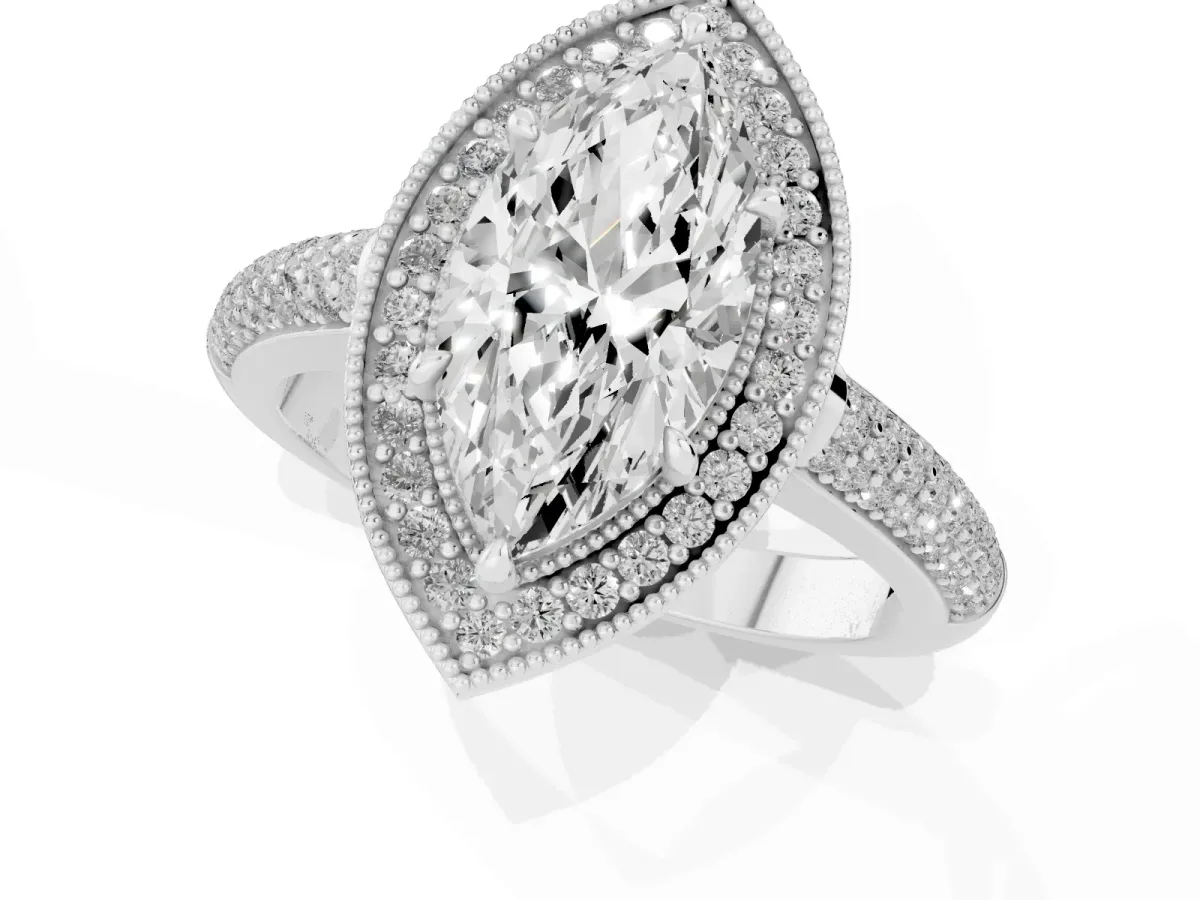 Marquise Cut Cut Halo Diamond Pave Band with Four-Prong Setting Platinum
