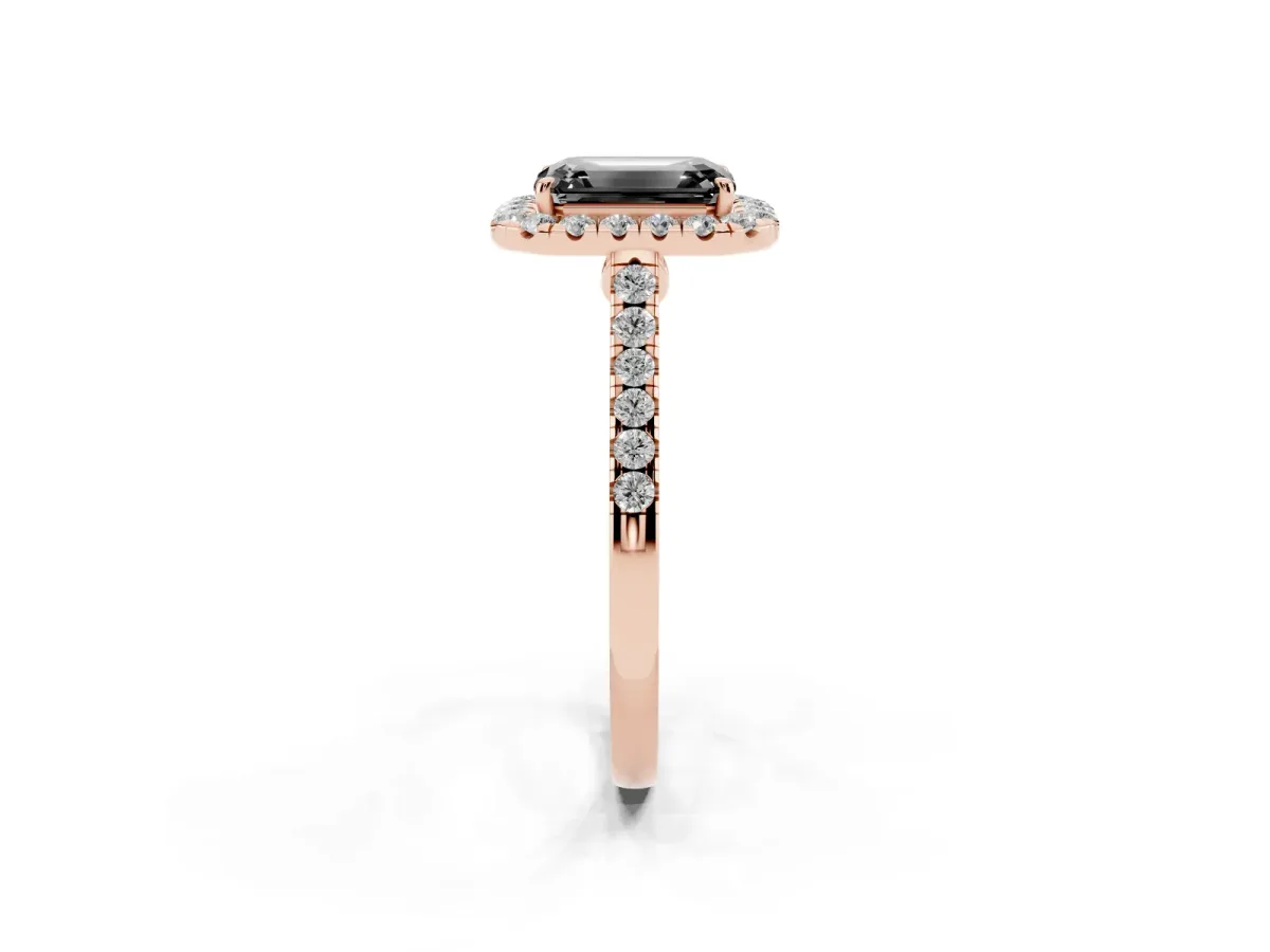 Fancy Black Emerald Cut Halo Pave Diamond Engagement Ring with Four-Prong Setting Rose gold