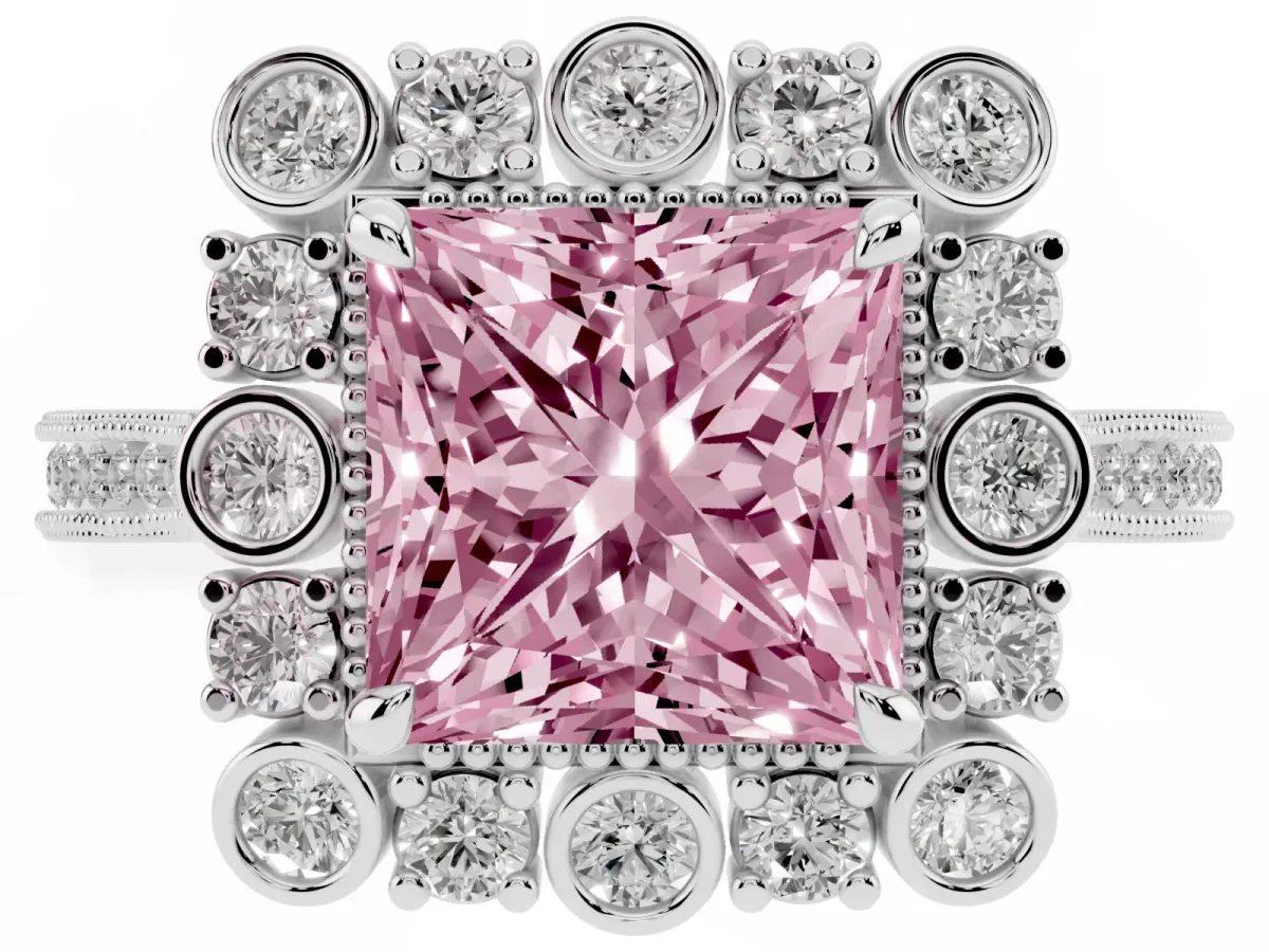Fancy Pink Princess Cut Halo Milgrain Pave Diamond Ring with Four-Prong Setting Platinum