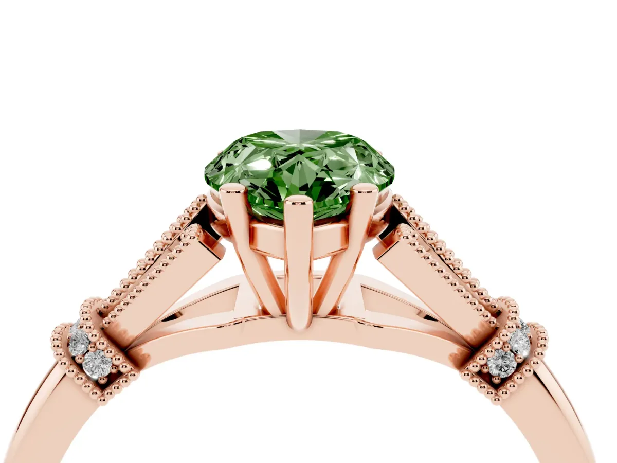 Fancy Green Pear Cut Diamond Solitaire Ring with Floral Filigree and Pave Accents Rose gold