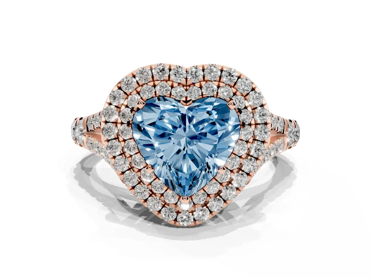 Fancy Blue Double Halo Heart Cut Diamond Split Shank Engagement Ring with Four-Prong Setting Rose gold