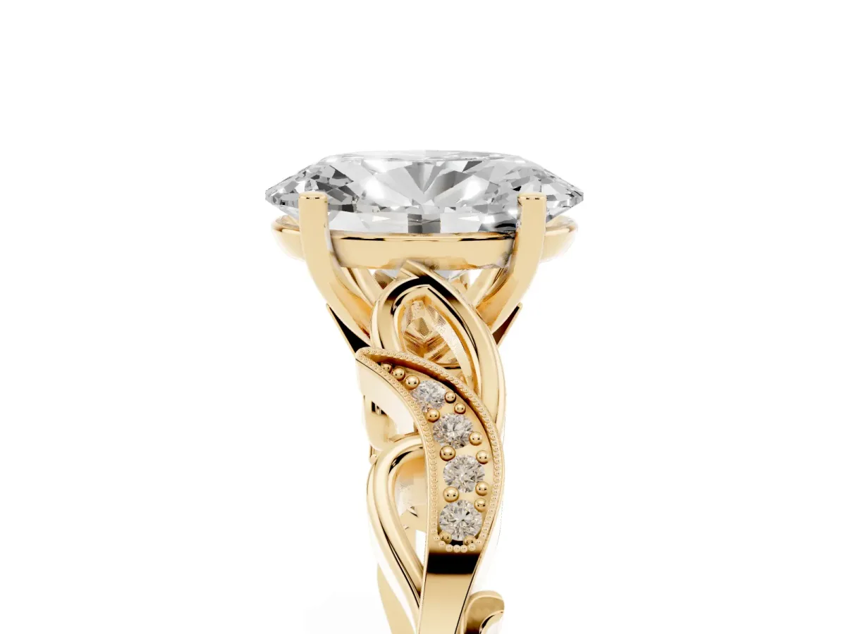 Oval Cut Solitaire Vine Band with Milgrain Prong Setting Yellow gold