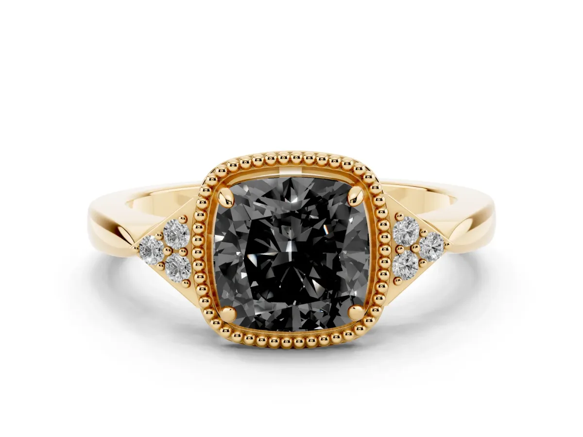 Fancy Black Hexagonal Halo Cushion Cut Diamond Solitaire with Pavé Band and Four-Prong Setting Yellow gold