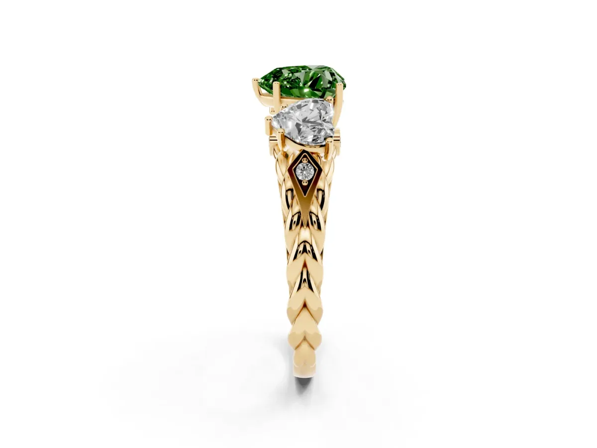 Fancy Green Three-Stone Heart Cut Diamond Braided Band Ring with Four-Prong Setting Yellow gold
