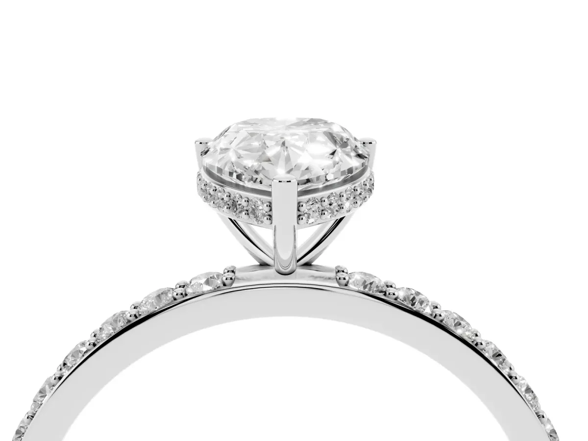 Pear Cut Diamond Solitaire Ring with Pavé Band and Hidden Halo Silver