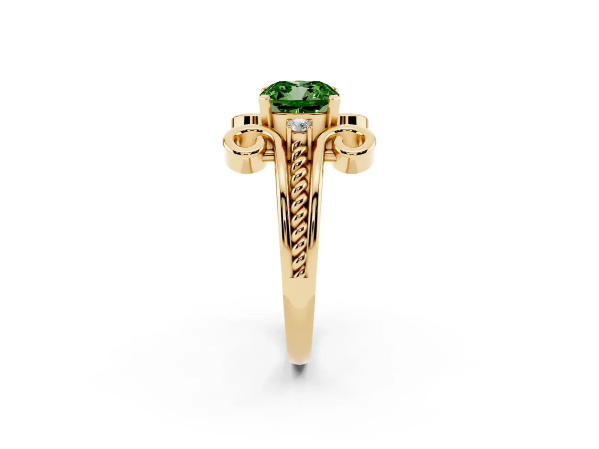 Fancy Green Cushion Cut Solitaire Twisted Band Scroll Prong Ring Yellow gold