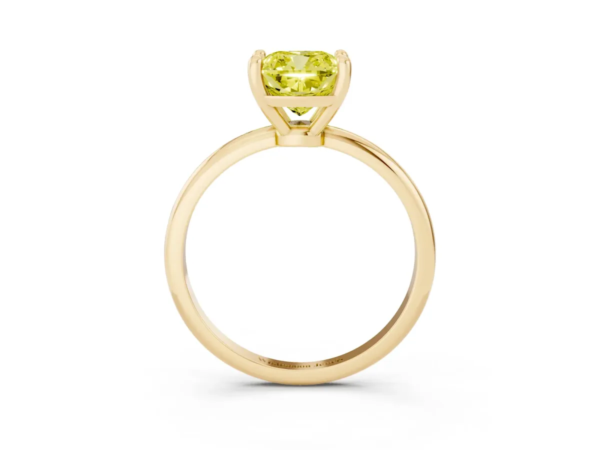 Fancy Yellow Cushion Cut Solitaire Diamond Ring with 4-Prong Setting on a Classic Band Yellow gold