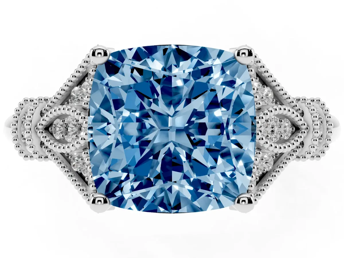 Fancy Blue Cushion Cut Diamond Solitaire Ring with Floral Filigree and Pave Accents White gold