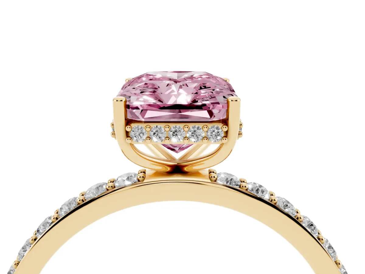 Fancy Pink Radiant Cut Diamond Solitaire Ring with Pavé Band and Hidden Halo Yellow gold