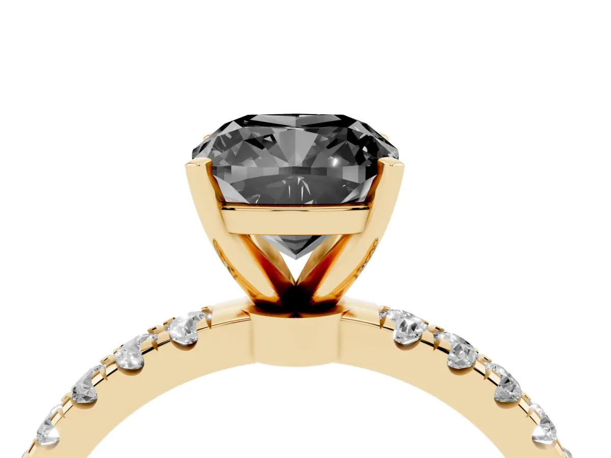 Fancy Black Cushion Cut Diamond Solitaire Ring with Pavé Accents and Four-Prong Setting Yellow gold