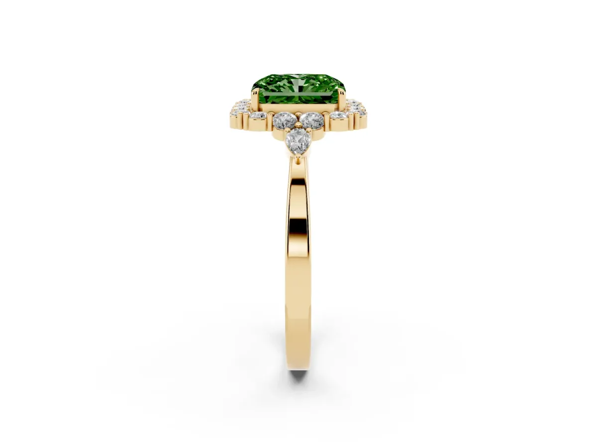 Fancy Green Radiant Cut Diamond Halo Ring with Pear Side Stones and Prong Setting Yellow gold