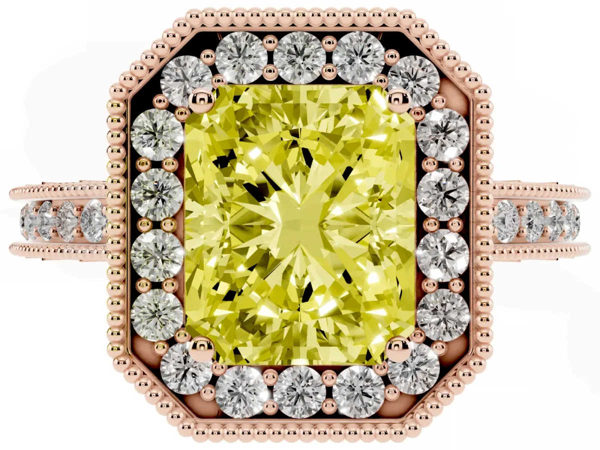 Fancy Yellow Radiant Cut Diamond Milgrain Halo Engagement Ring with Round Pavé Band and Prong Setting Rose gold