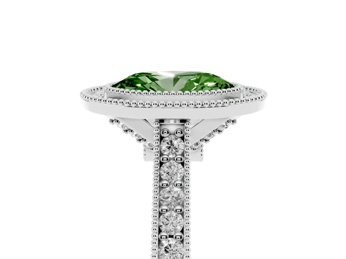 Fancy Green Halo Oval Cut-Cut Diamond Pave Band Milgrain Prong Setting Ring Silver