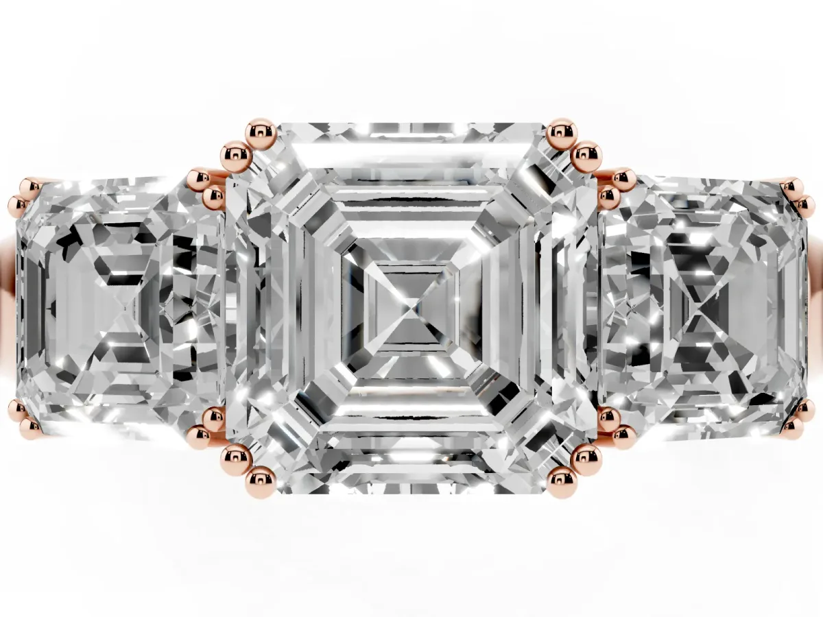 Three-Stone Asscher Cut Cut Diamond Ring with Channel Set Band and Four-Prong Setting Rose gold