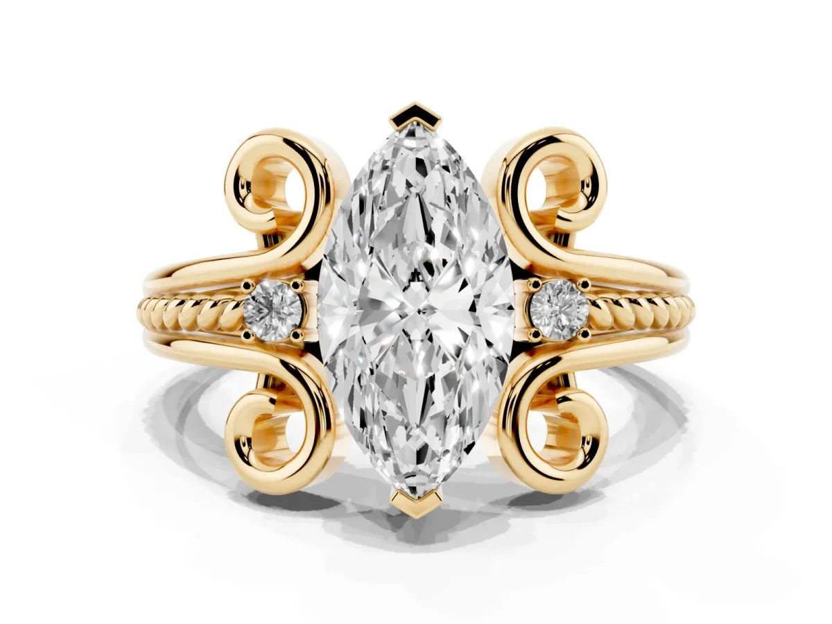 Marquise Cut Solitaire Twisted Band Scroll Prong Ring Yellow gold