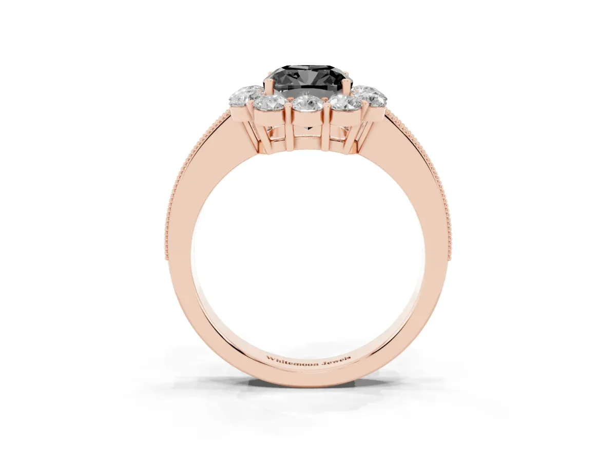 Fancy Black Cushion Cut Cut Halo Diamond Pavé Engagement Ring with Milgrain Detailing Rose gold
