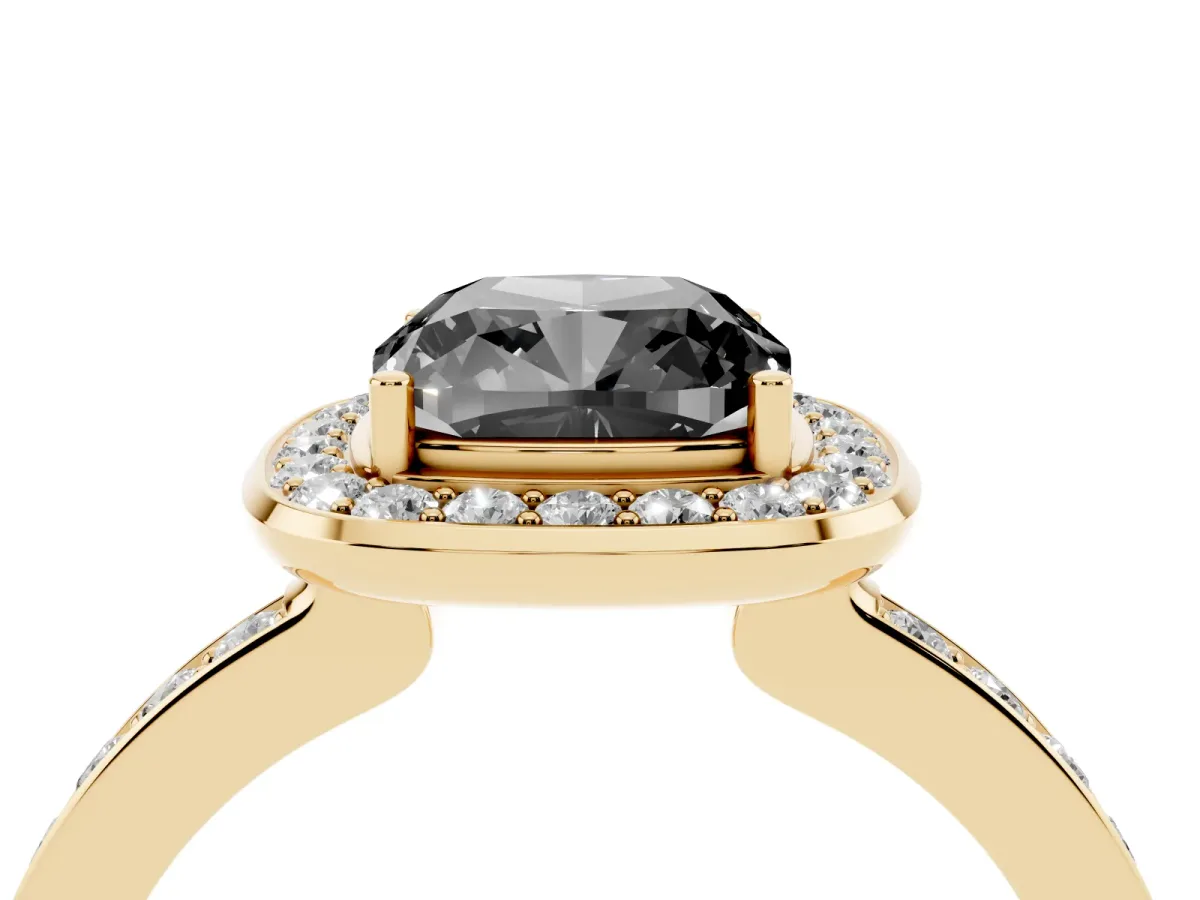 Fancy Black Cushion Cut Diamond Halo Ring with Bezel Frame and Pavé Band Yellow gold