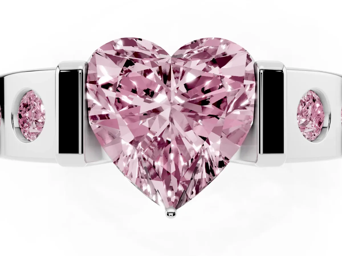 Fancy Pink Heart Cut Brilliant Channel-Set Diamond Ring with Bezel Prong Setting Silver